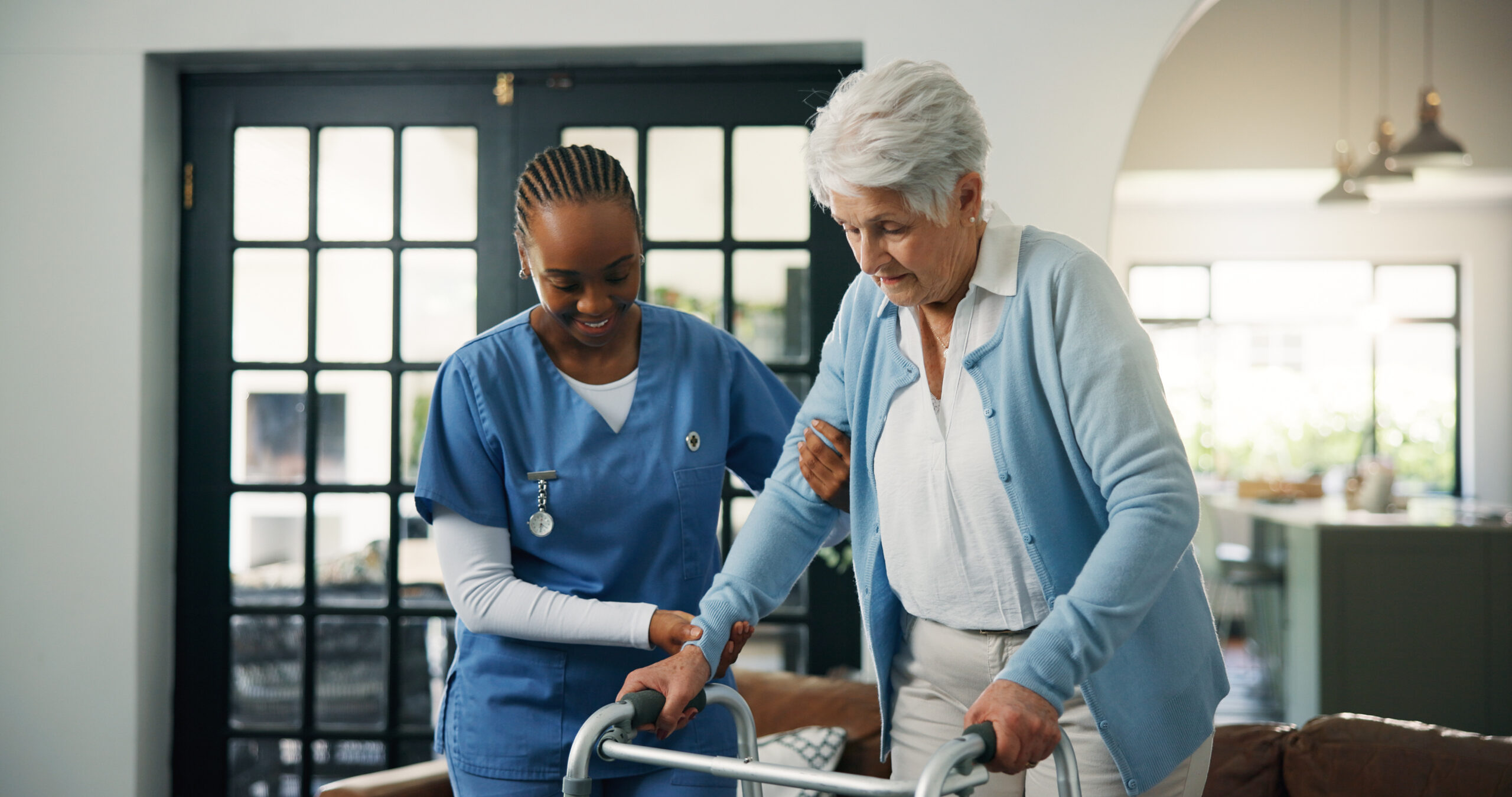 help nurse old woman with walker home