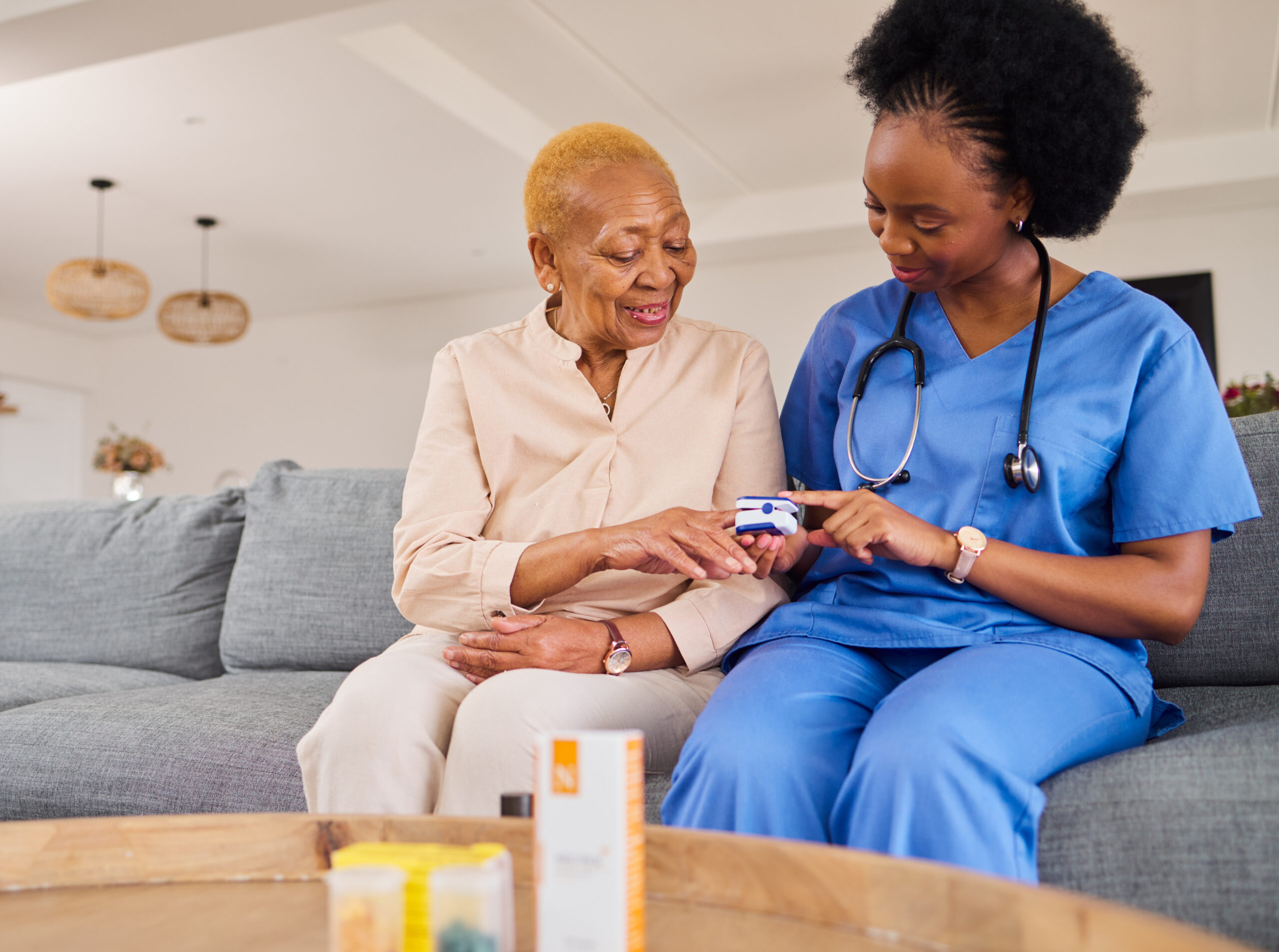 senior woman doctor oximeter test nursing